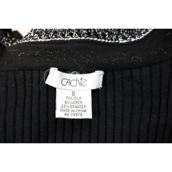 Cache Sweater Silk blend V-Neck sz S Black Ribbed Zipper Shiny Lace Stretch - Picture 7 of 7